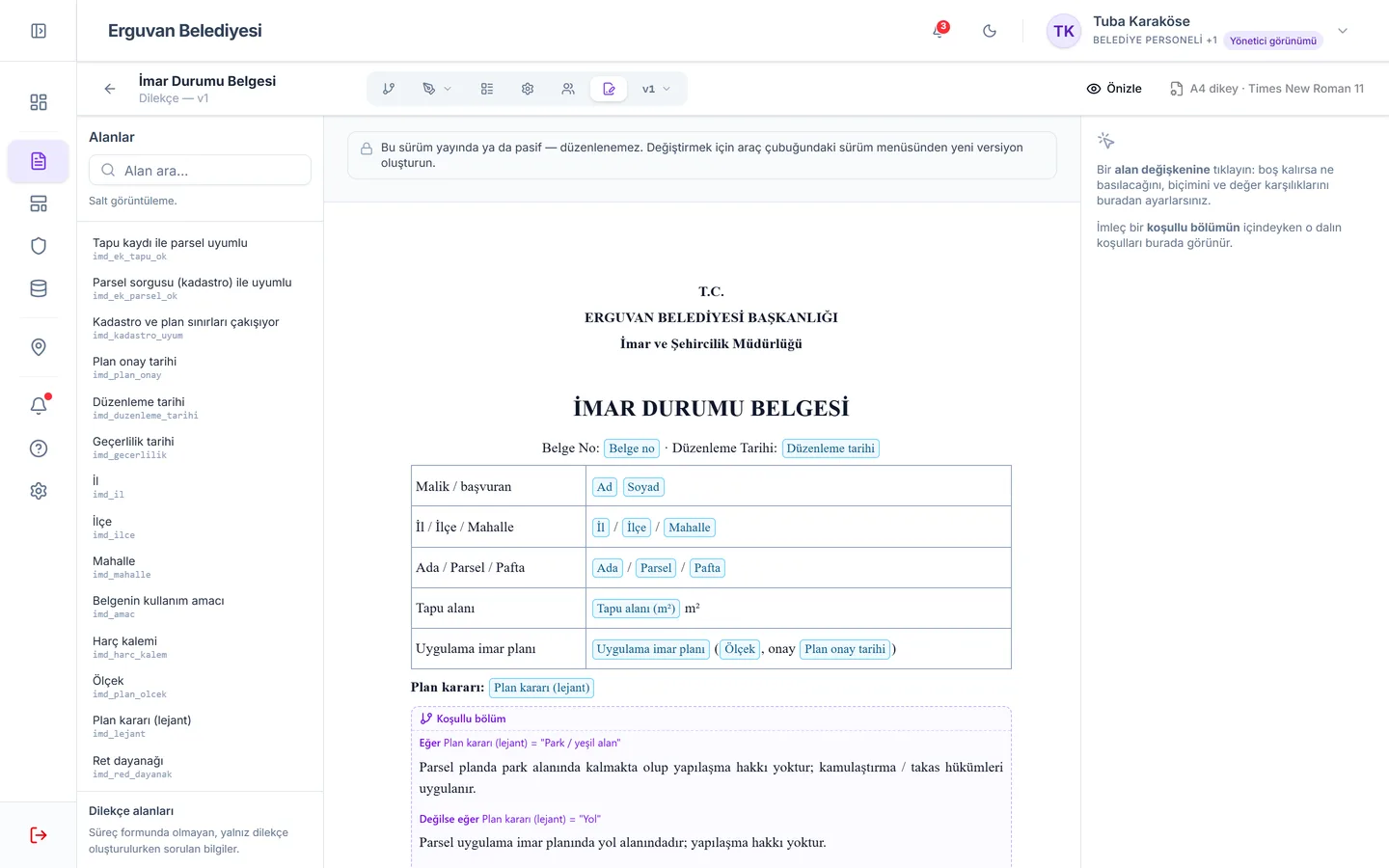 A4 belge şablonu editörü: değişkenler ve koşullu bölümler